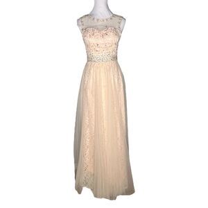 Beaded Gown Sz 2 Illusion Neckline Lace Tulle Blush Pink Ivory Ethereal Fairy
